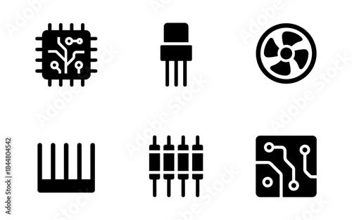 Electronic components icons set in black and white, perfect for design projects