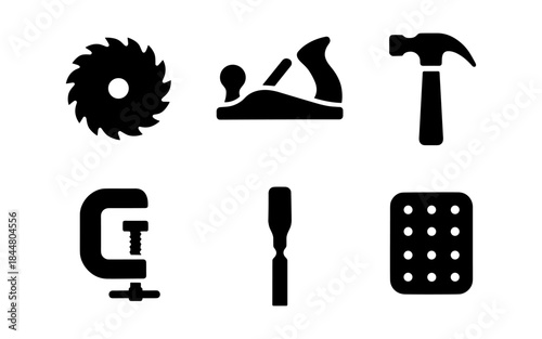 Black silhouette icons of woodworking tools on a white background