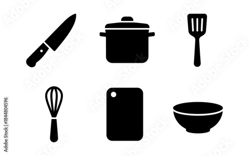 Kitchen utensils and tools in silhouette style on a white background