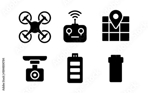 Drone technology icons in black and white for various applications