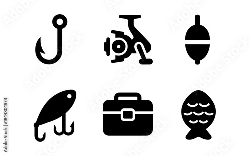 Fishing icons set in black and white, perfect for outdoor activities