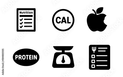 Healthy eating and nutrition icons for diet, food, and wellness concepts