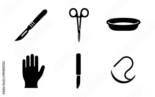 Medical tools and instruments in black and white, isolated on white background