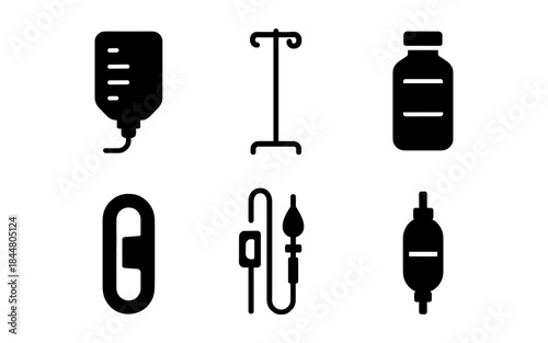 Medical icons set: IV drip, saline bag, medicine bottle, and other healthcare elements