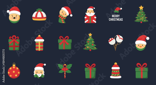 Festive Christmas Icons Collection Featuring Santa, Christmas Trees, and Holiday Gifts