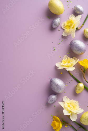 Pastel vertical eggs and daffodils lay on a soft violet backdrop, creating a festive Easter scene with springtime flowers, bright colors, and gentle decorative accents
