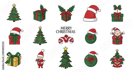 Festive Christmas Tree and Gift Illustrations with Santa and Holly Decorations