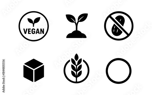 Vegan, allergen-free, and healthy food icons in a clean, minimalist style