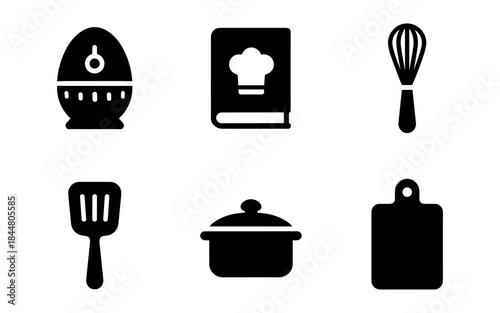 Kitchen tools and cooking utensils in a minimalist, black and white style