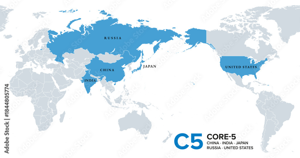 Naklejka premium C5, Core-5 bloc, political map of an international forum, including the countries China, India, Japan, Russia, and United States, as a contrast to such groups as the G7. Isolated illustration. Vector