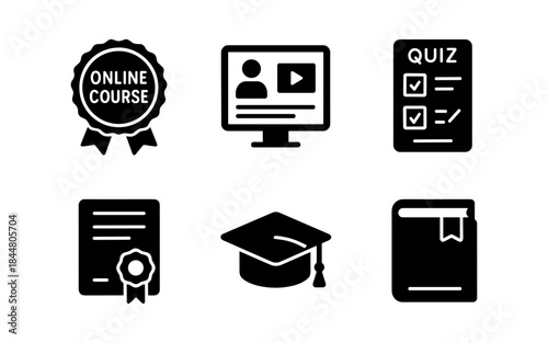 Online education and learning icons for courses, quizzes, and graduation