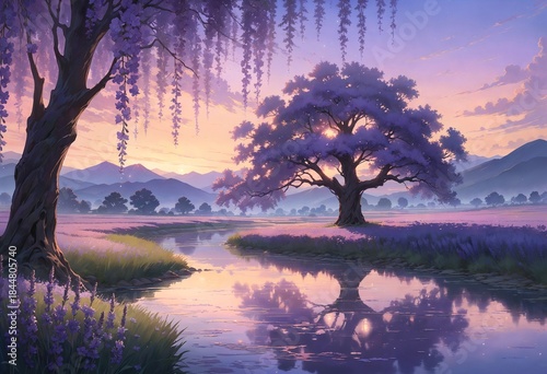 sunset landscape with willow tree and lavender field
