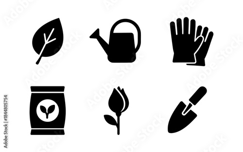 Gardening tools and elements in a simple, minimalist black and white design