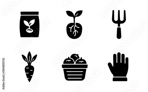 Gardening icons set in black and white, perfect for design and illustration