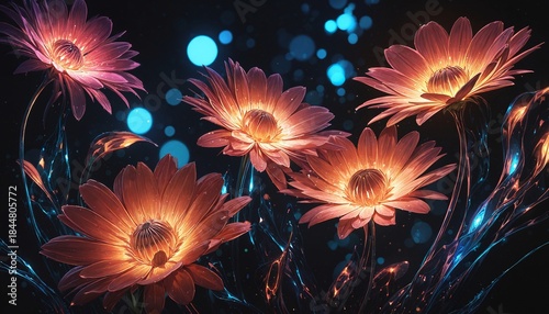 magical glowing flowers with neon blue and orange lights against dark background
