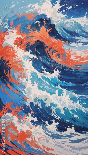 energetic ocean waves in vibrant blue and orange hues