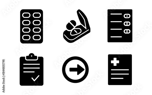 Medical icons set with pills, prescription, and medical records