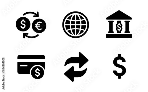 Financial icons representing global banking, currency exchange, and transactions