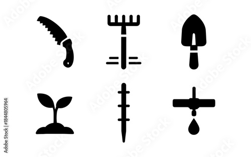 Black and white gardening tools and elements on a white background