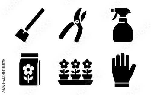 Gardening tools and plants in a simple, minimalist black and white design