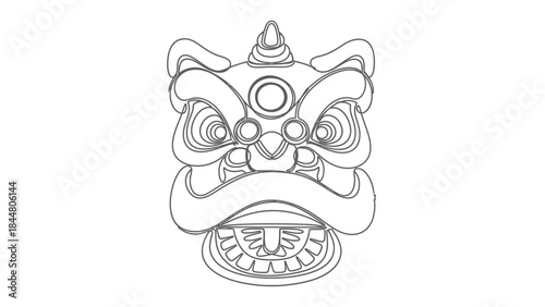 Intricate Line Drawing of a Traditional Chinese Lion or Guardian Mask Illustration for Cultural Art