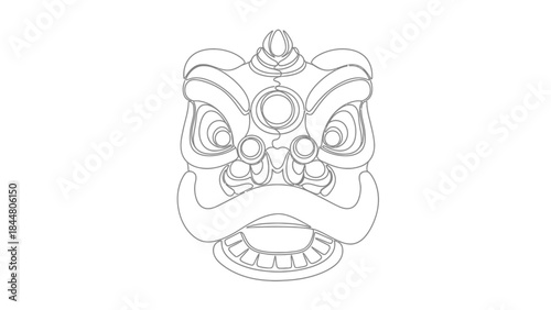 Intricate Line Drawing of a Traditional Mythical Chinese Lion Head Mask Design for Cultural Art