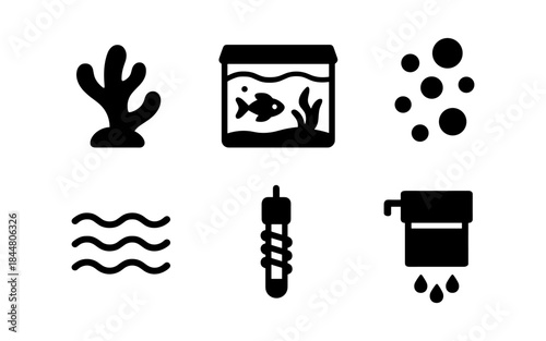 Aquarium Icons: Fish Tank, Coral, Bubbles, Water, and Accessories