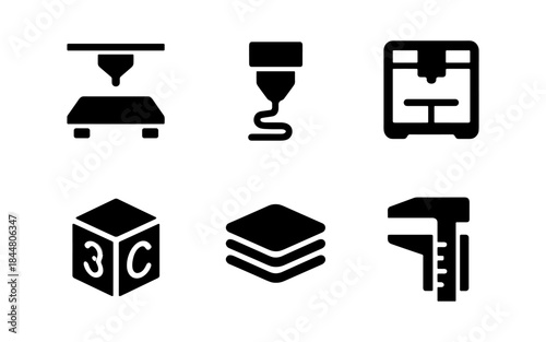 3D printing icons set in a simple, modern, and minimalist style