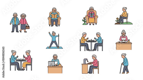 Set of icons illustrating activities and lifestyle of elderly people walking, sitting, playing chess, exercising, using laptop, and receiving manicure