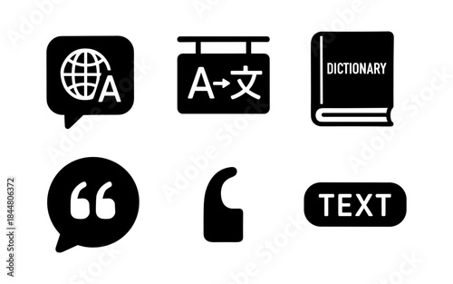 Translation and communication icons in black and white, perfect for design projects