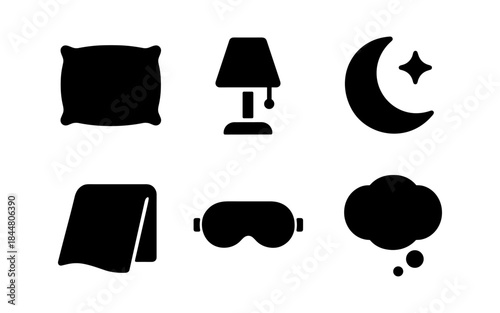 Sleep and Dream Icons: Pillow, Moon, Eye Mask, and Thought Bubble