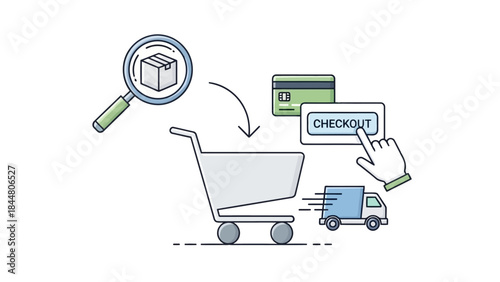 Ecommerce online shopping process flow with product search, shopping cart, payment, and delivery icons