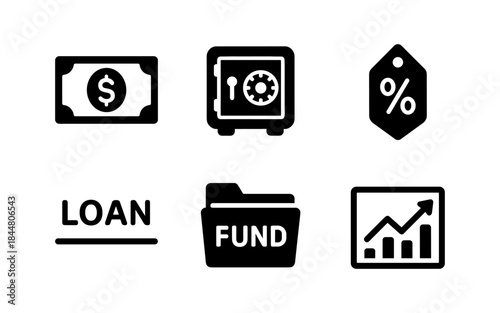 Financial icons representing money, loans, investments, and savings