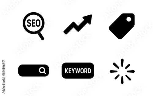 SEO, marketing, and keyword research icons on a white background