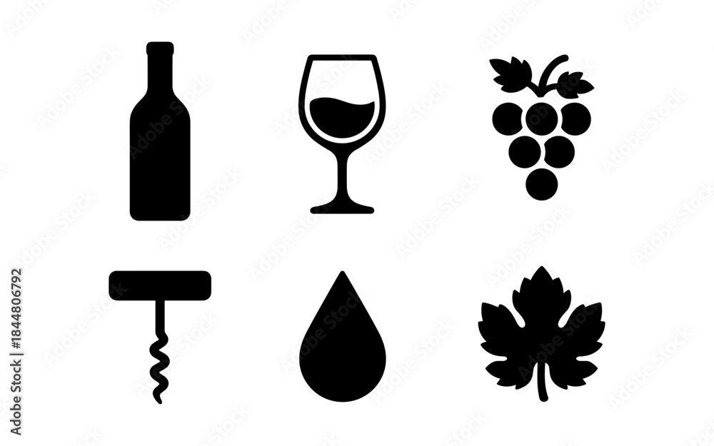 Obraz premium Wine icons set: bottle, glass, grapes, corkscrew, drop, and leaf