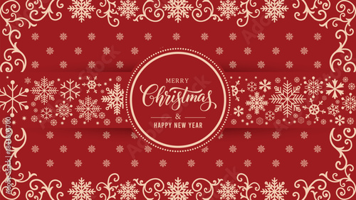 Elegant red Merry Christmas and Happy New Year background with decorative snowflakes, swirl ornaments and central circular label, ideal for festive greeting cards, invitations, banners and seasonal pr