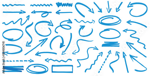 Set of blue arrows. Hand-drawn arrows designed for presentations and workflow. Vector illustration.