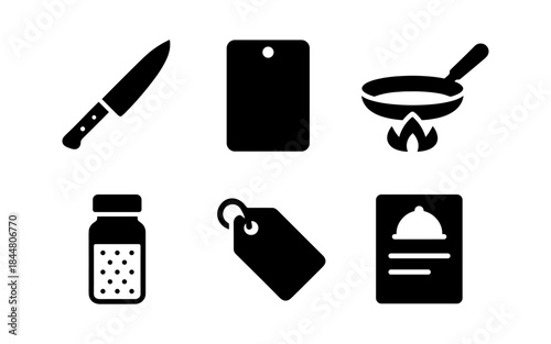 Kitchen Icons: Knife, Cutting Board, Frying Pan, Salt Shaker, Tag, and Menu
