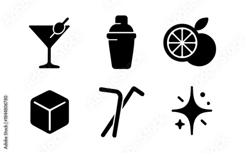 Cocktail Icons: Martini, Shaker, Orange, Ice Cube, Straws, and Sparkles