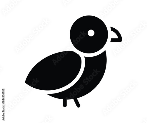 Minimalist Black Silhouette of a Cartoon Bird Icon on a White Background
