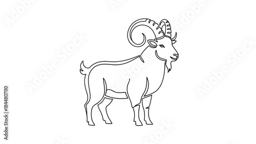 Minimalist Black and White Line Drawing of a Goat with Curled Horns for Art or Coloring Projects