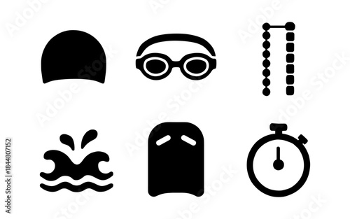 Swimming icons set in black and white, perfect for sports and fitness designs