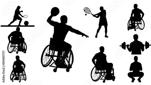 Silhouettes of athletes with disabilities participating in various sports including wheelchair basketball, tennis, and weightlifting