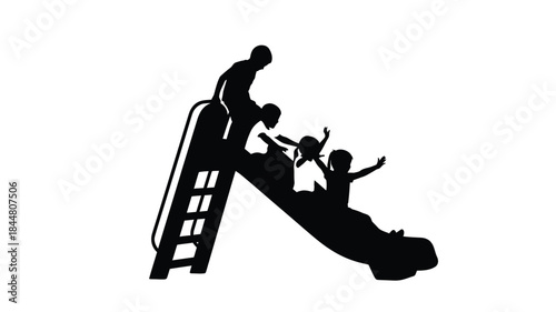 A silhouette of a father and child enjoying time together on a playground slide