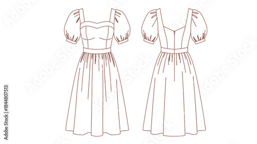 Fashion design sketch of a square neckline dress with puffy sleeves front and back view