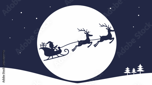 Christmas night vector illustration of Santa Claus on sleigh silhouette flying against the moonlit dark sky