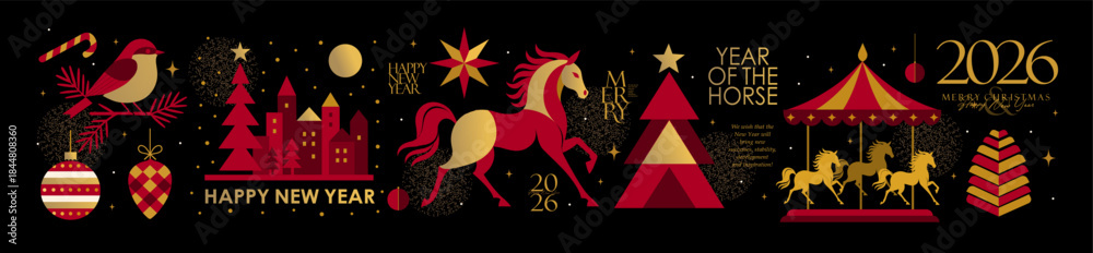 Obraz premium 2026. Happy Chinese New Year. Year of the Horse. Elegant abstract geometric banner with festive symbols, decorations, a stylized horse, a carousel, a Christmas tree, a city, a bullfinch, stars