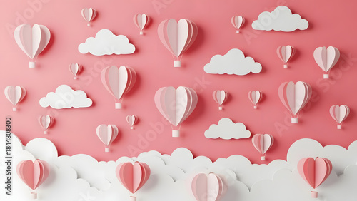 Paper Heart Balloons and Clouds Scene on Pretty Pink Backdrop Delicate Love Concept for Valentine Day