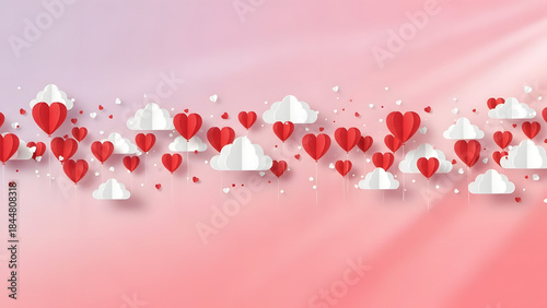 Romantic Hearts and Clouds Paper Art Banner Red and White Gradient Background
