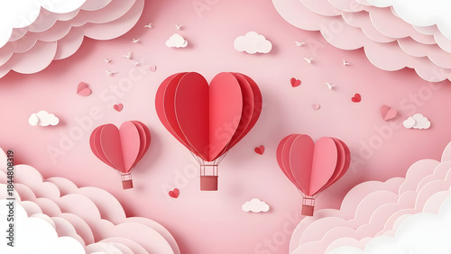 Romantic Pink Paper Art Heart Balloons in Cloudy Dreamscape
